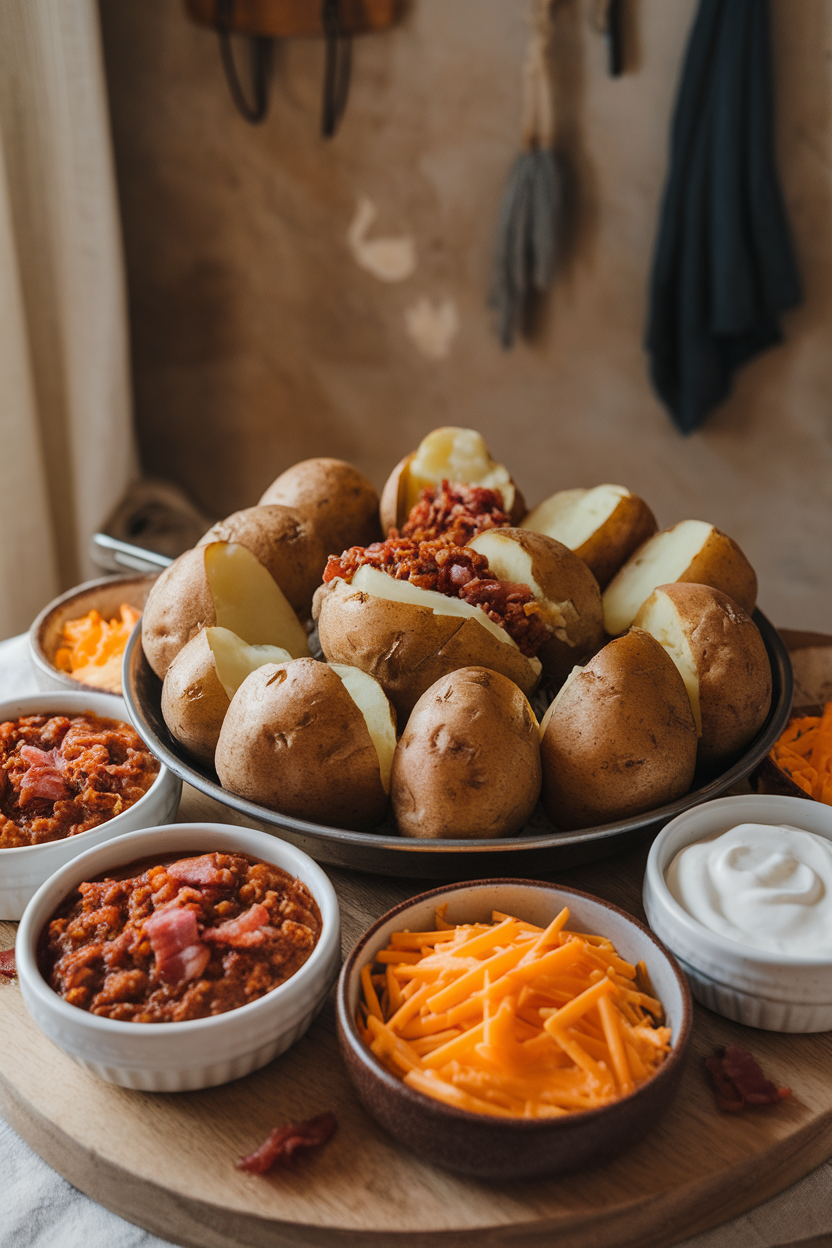 Indoor photo of a large platter of baked russet potatoes split open, surrounded by bowls of chili, shredded cheddar, bacon bits, and sour cream, no text or logos. Photograph, not illustration.