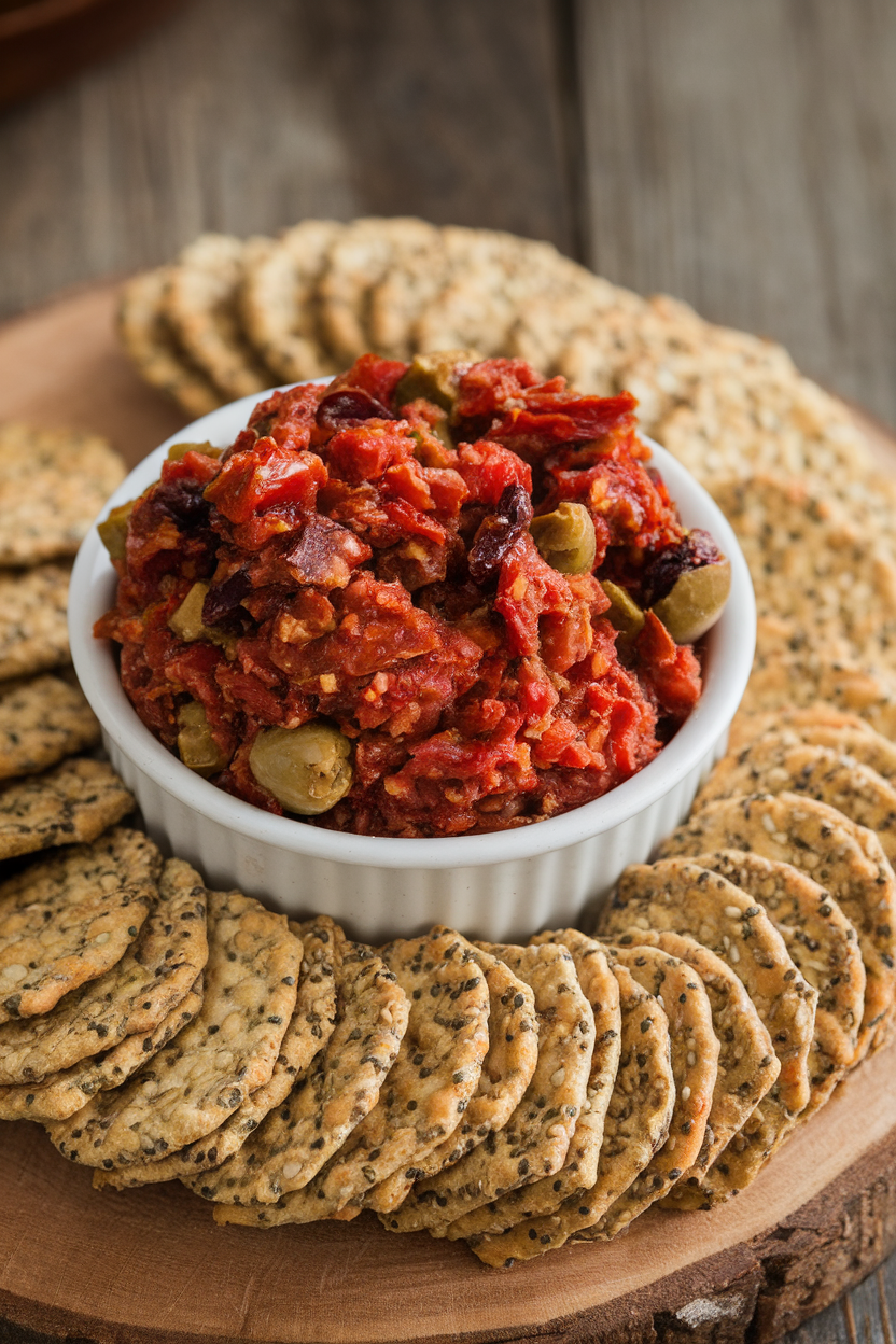 An indoor bowl of chunky tapenade featuring chopped sun-dried tomatoes and olives, set alongside seeded crackers. No text or logos. Photo, not illustration.