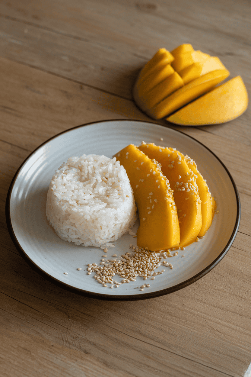 Indoor dessert plate featuring a small mound of coconut sticky rice beside sliced ripe mango, sprinkled with sesame seeds. Photo only, no logos.
