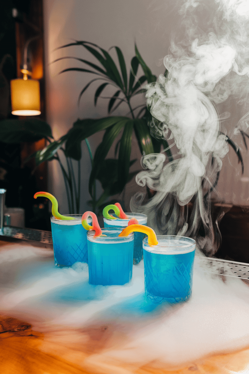 Indoor bar scene with iridescent blue drinks in clear glasses, dry ice mist spilling over, gummy worm garnish. No logos or text.
