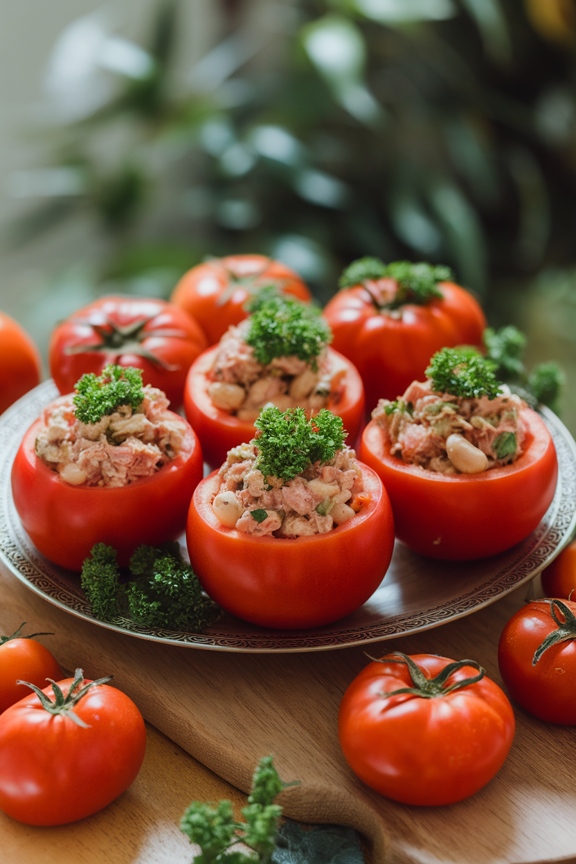 An indoor platter featuring hollowed ripe tomatoes filled with tuna-cannellini bean salad, topped with parsley. No logos; photography only.