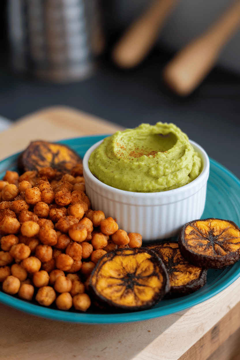 Photo indoors of crispy roasted chickpeas, creamy avocado mash in a cup, and oven-baked plantain rounds; no text or logos.