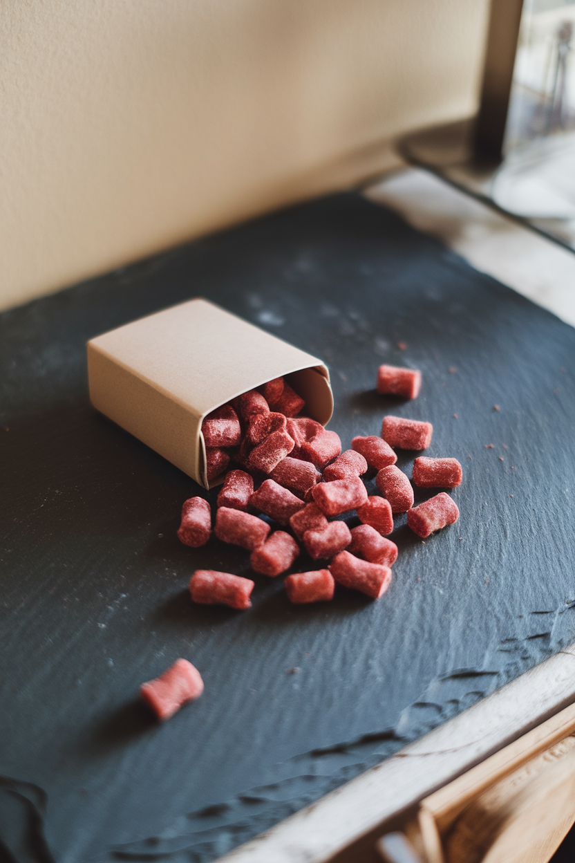 Photo of indoor slate surface with cinnamon-spiced chewy red candies spilling from a small plain box, no text
