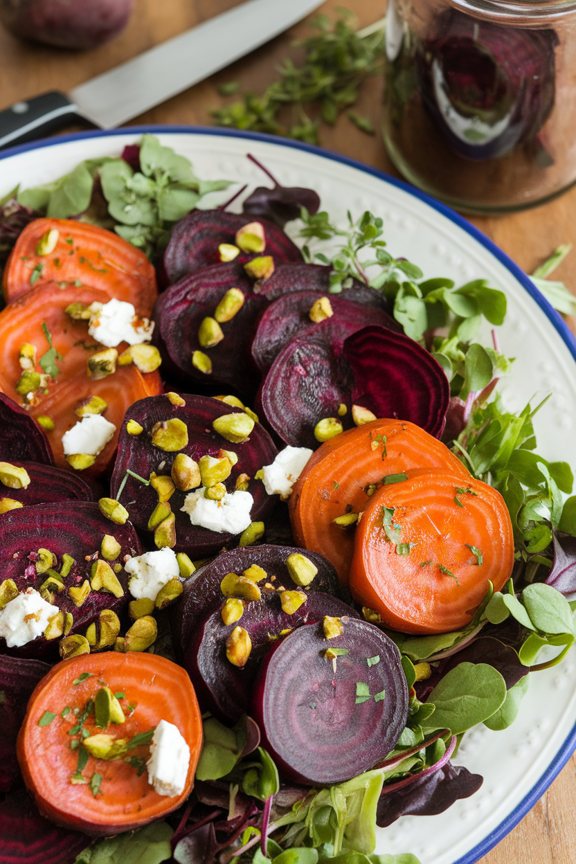 Indoor photo of sliced roasted beets dotted with goat cheese and crushed pistachios over mixed greens on a large plate; no text or logos.