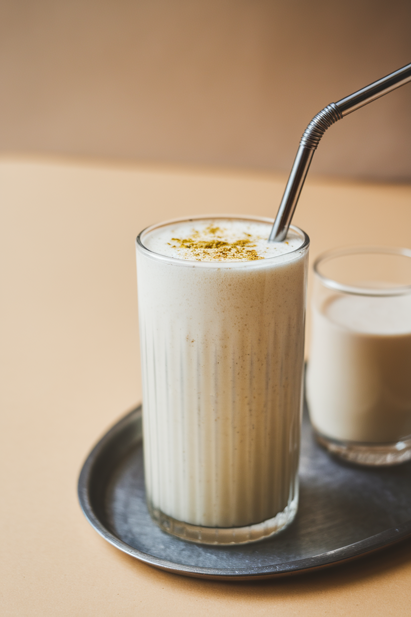 Indoor photo of a tall glass of frothy kefir lassi lightly dusted with ground cardamom, a metal straw inserted, placed on a tray. No text or logos.