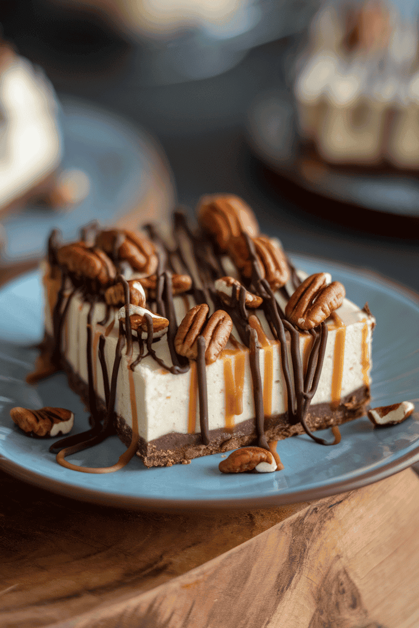 An indoor plate featuring a cheesecake bar drizzled with caramel and chocolate, studded with toasted pecans. No text or logos present. Photo.