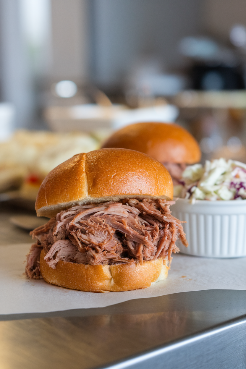Indoor countertop featuring mini brioche buns piled high with sauced pulled pork and a ramekin of slaw. No text or logos. Photo.