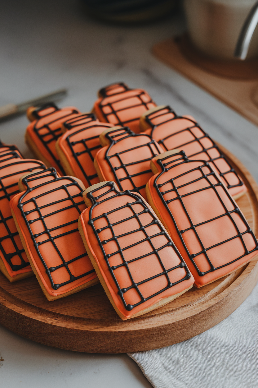 Indoor photo of lantern-shaped cookies with orange windowpanes outlined in black icing, soft kitchen light, no text or logos.