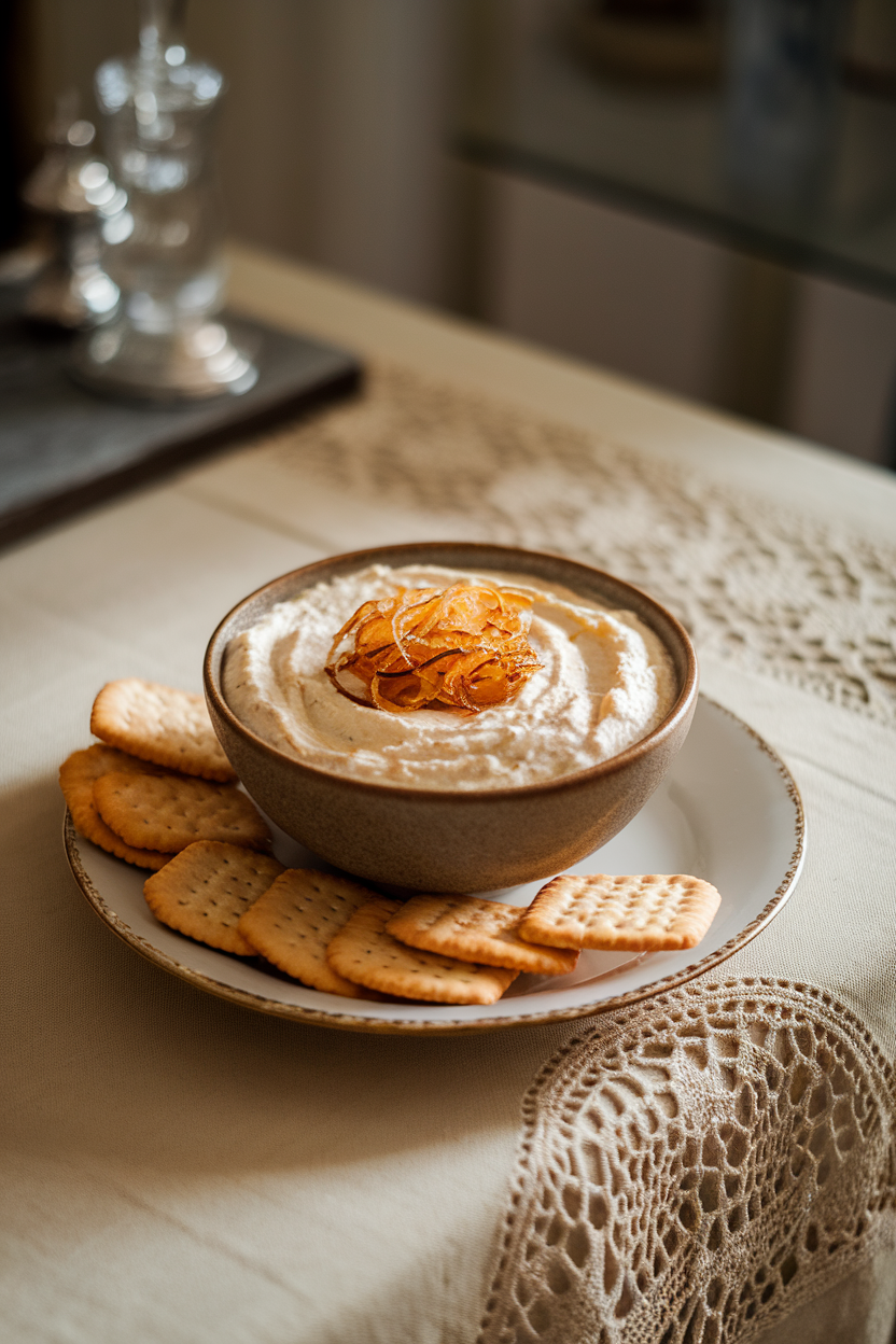 A softly lit indoor coffee table with a bowl of creamy French onion dip garnished with caramelized onion threads. Photo, no text or logos.
