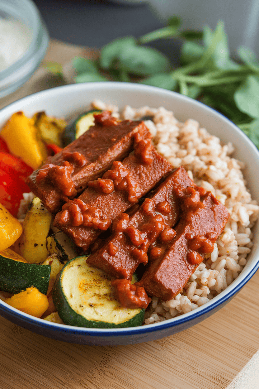 Photo of a bowl indoors with saucy tempeh strips, roasted zucchini, bell peppers, and brown rice, no text or logos.