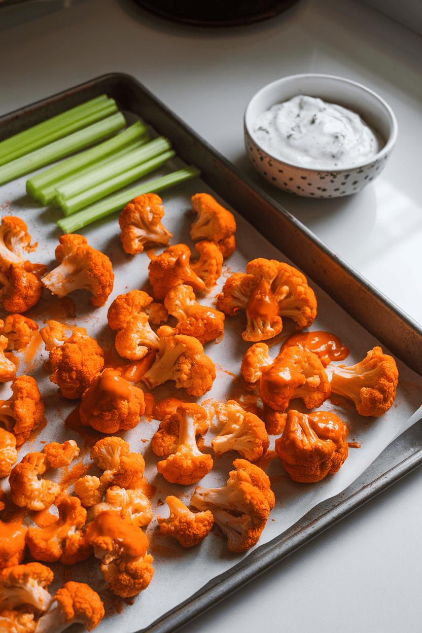 An indoor kitchen counter featuring a baking sheet of roasted cauliflower florets coated in bright orange buffalo sauce, celery sticks and ranch dip alongside. No text or logos; photo.