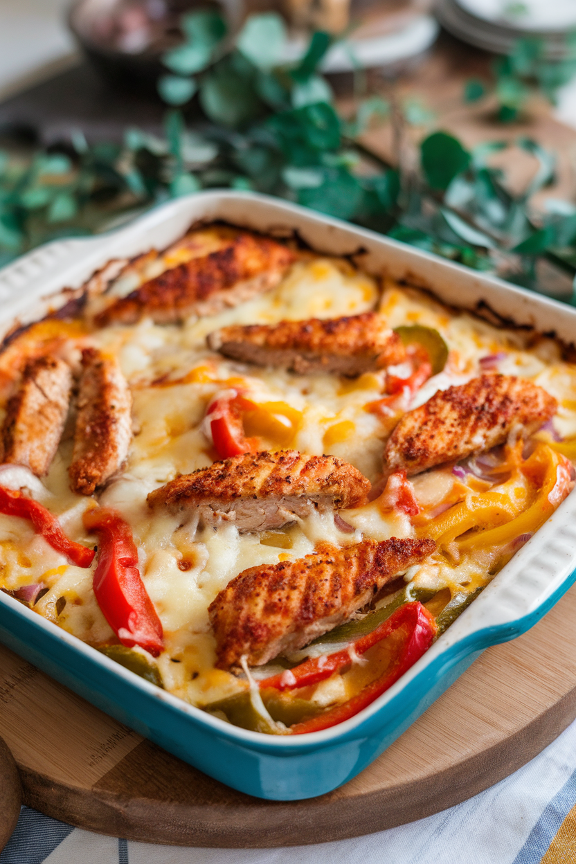 Indoor casserole dish with chicken strips, bell peppers, and onions baked together, cheese melted over top. No logos. Photo.