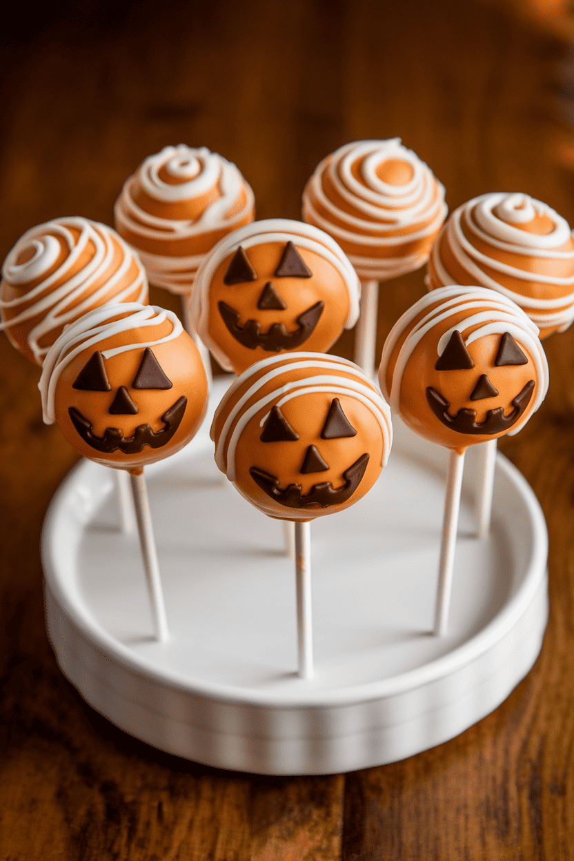 Soft orange cake pops with creamy white swirls and happy jack-o'-lantern faces drawn in milk chocolate, indoors; no logos or text. Photo.