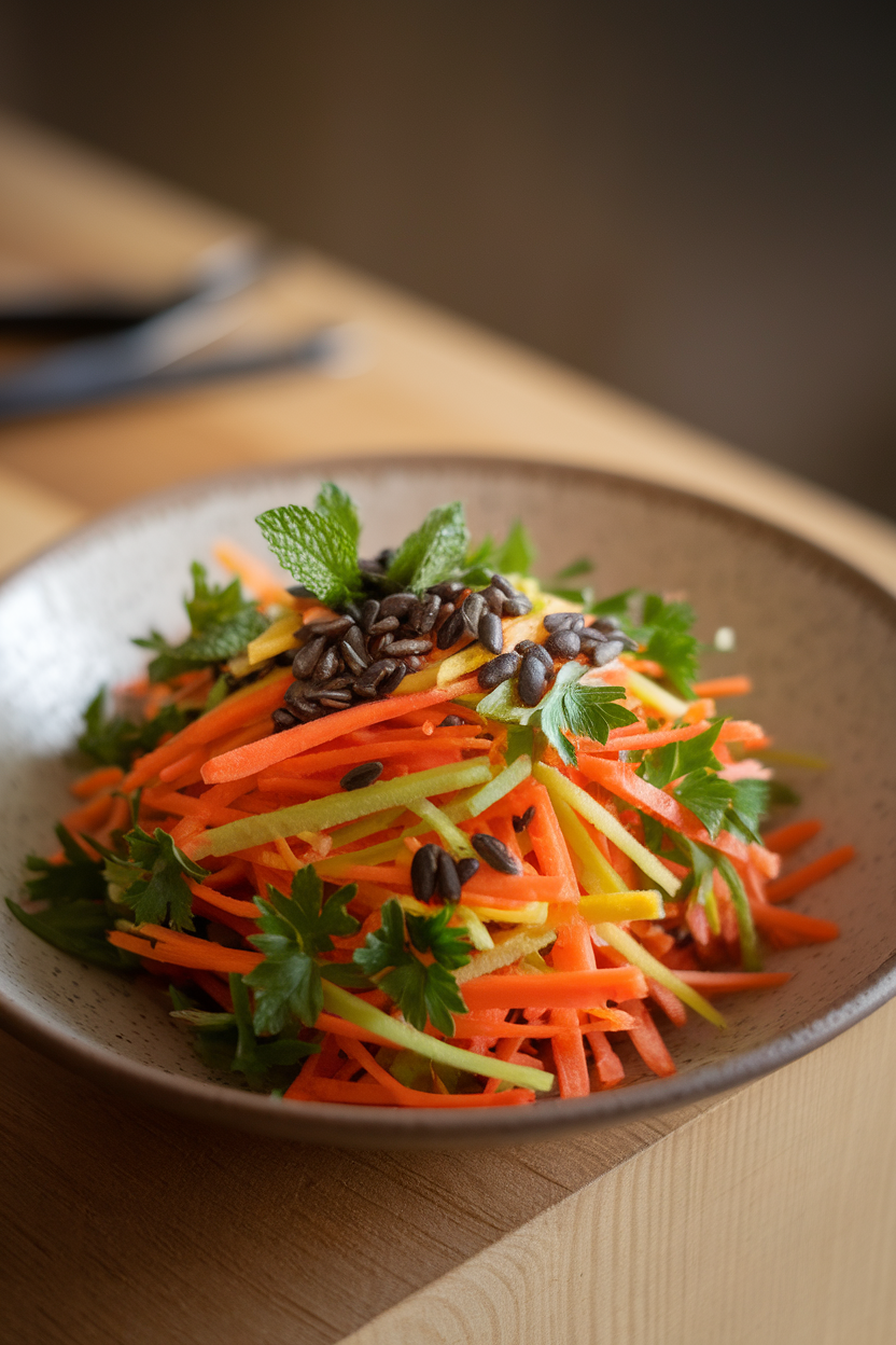 Indoor photo of multicolored shredded carrots tossed with parsley, mint, and sunflower seeds in a shallow white bowl; soft lighting, no text or logos.