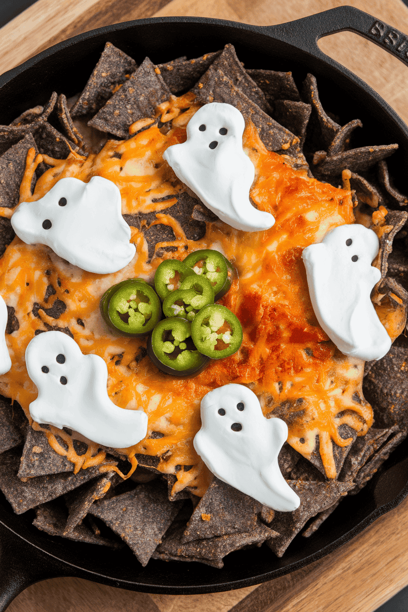 Indoor cast-iron skillet piled with blue corn chips, melty cheese, diced jalapeños, and sour cream ghost dollops. No logos or text.