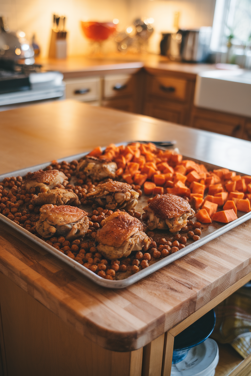 A kitchen island with a sheet pan of golden roasted chicken thighs, seasoned chickpeas, and diced sweet potatoes under warm indoor lighting. No text or logos visible; photo only.