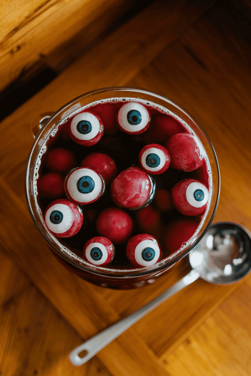 Indoor punch bowl of deep red juice with peeled grape “eyeballs” floating, ladle nearby. No text or logos.
