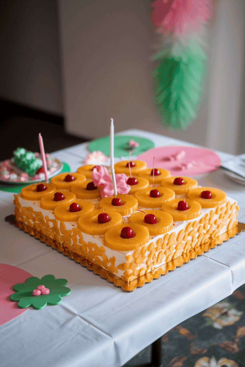 An indoor table with a large rectangular cake topped by caramelized pineapple rings and maraschino cherries in the centers. No text or logos. Photo only.