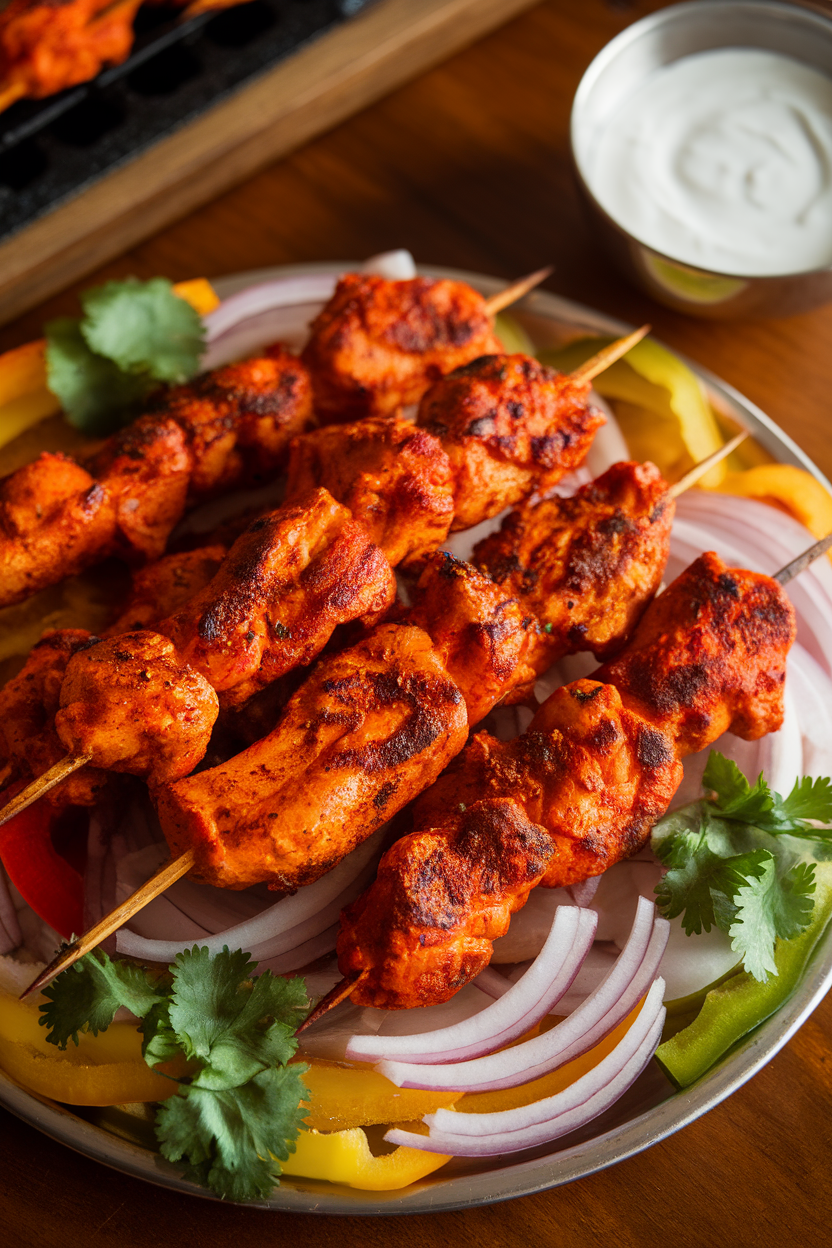 An indoor platter of cooked chicken skewers colored with tandoori spices, cilantro garnish, yogurt sauce on side. Photo only, no logos.