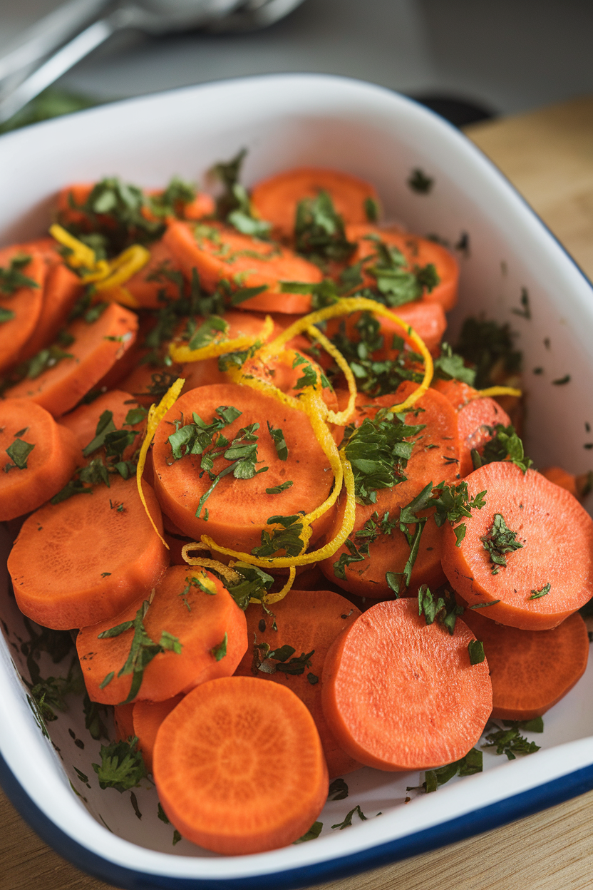 Sliced cooked carrots tossed with lemon zest and chopped parsley on a white indoor dish; no text or logos. Photo only.