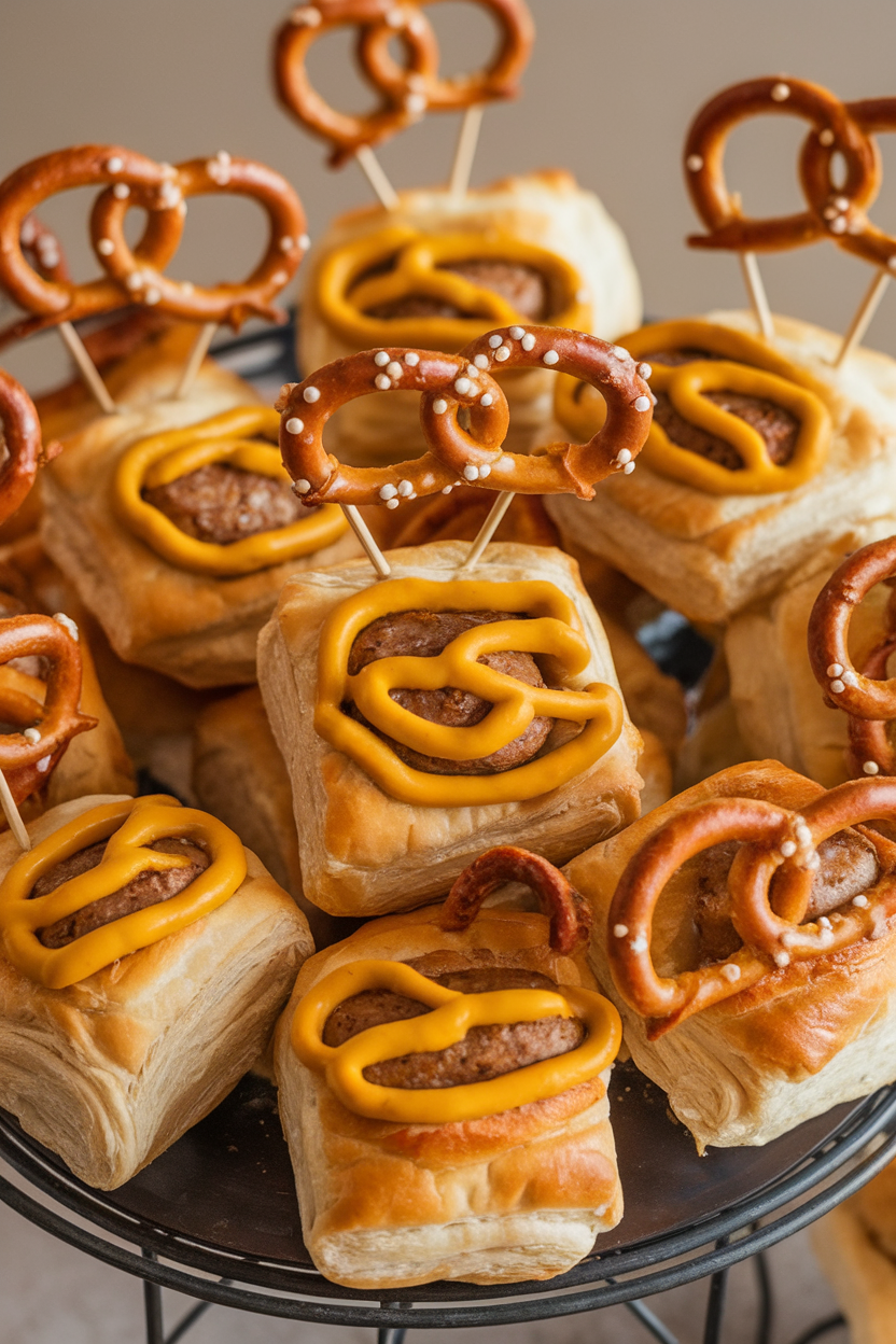 Indoor platter of puff-pastry sausage rolls with pretzel-stick “limbs” and mustard faces. No text or logos.