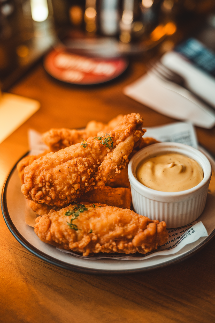 Indoor pub-style bar showing fried chicken breast strips in airy beer batter, ramekin of spicy mustard dip, photo only, no text or logos