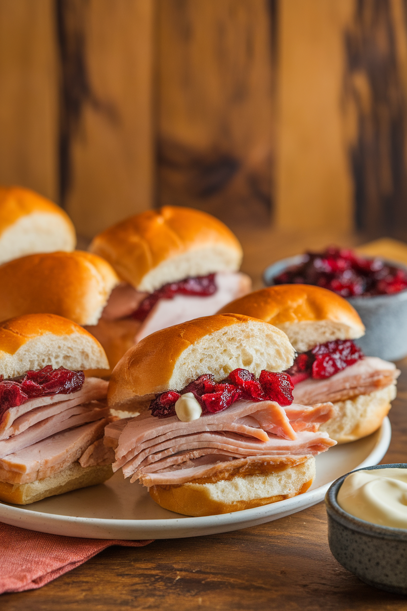 A warm indoor scene showing several mini brioche buns stuffed with sliced roast turkey, cranberry relish, and a dab of mayo. Slight overhead angle, no logos or text. Photo only.