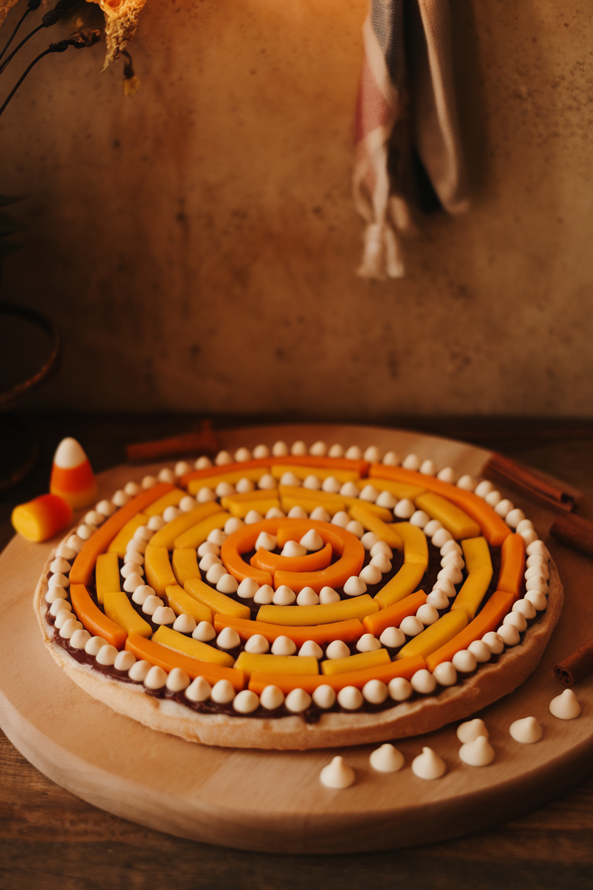 Warm indoor scene of a dessert pizza topped with concentric rings of white chocolate chips, cheddar, and sliced mango to resemble candy corn. Photo only, no text or logos.