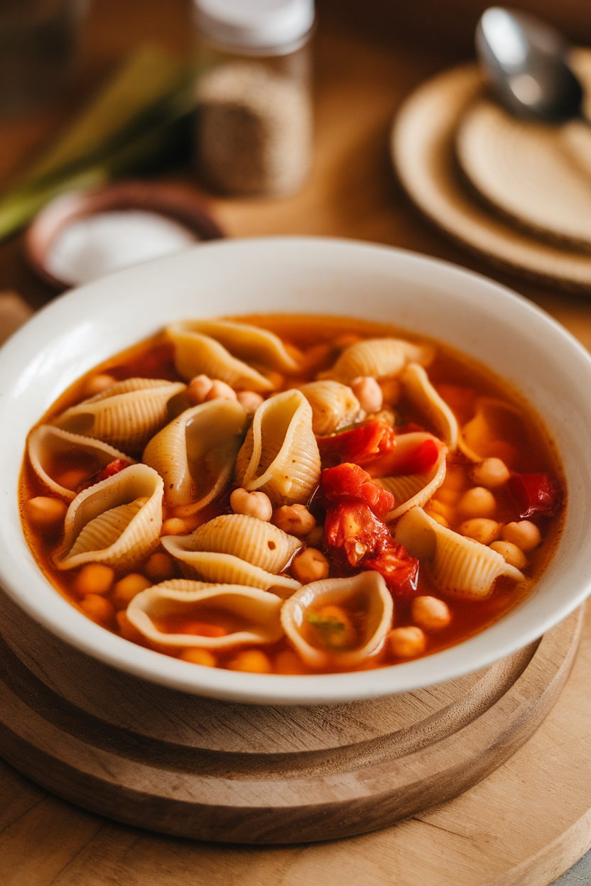 An indoor soup plate filled with small pasta shells in a thick chickpea-tomato broth, drizzled with olive oil. No text or logos; photography only.