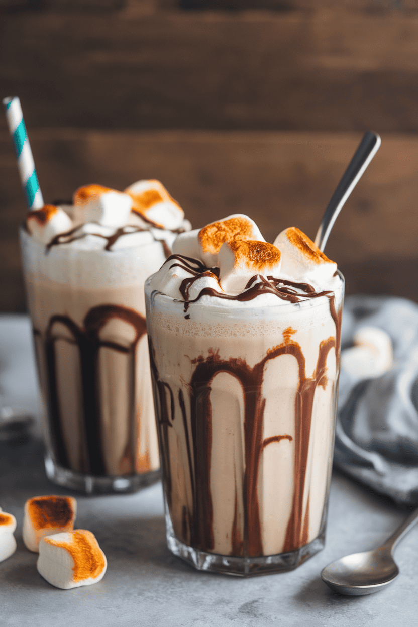 Indoor photo of frosty glasses filled with creamy milkshake topped with torched marshmallows and chocolate drizzle, no text or logos