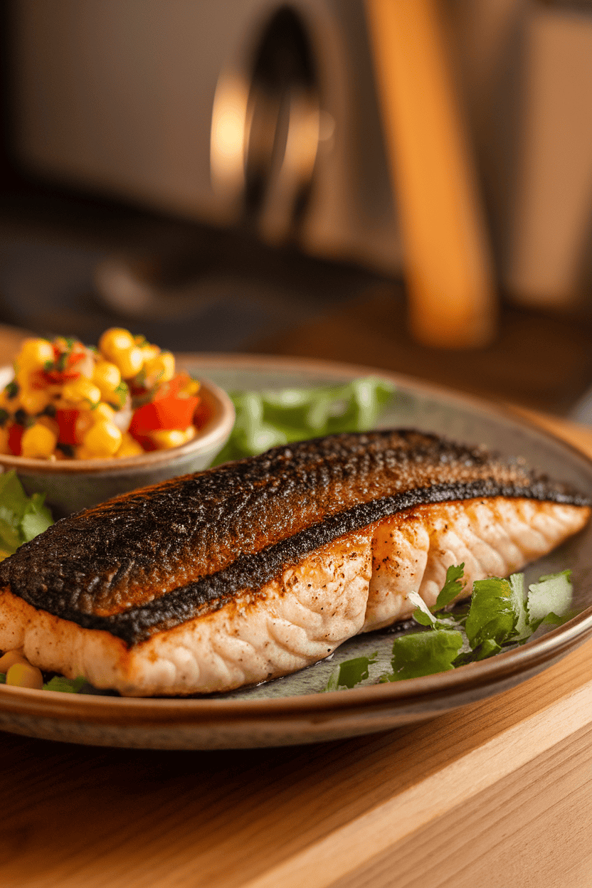 Photo of a blackened tilapia fillet on a plate with corn-tomato salsa on the side, indoor light, no text or logos.