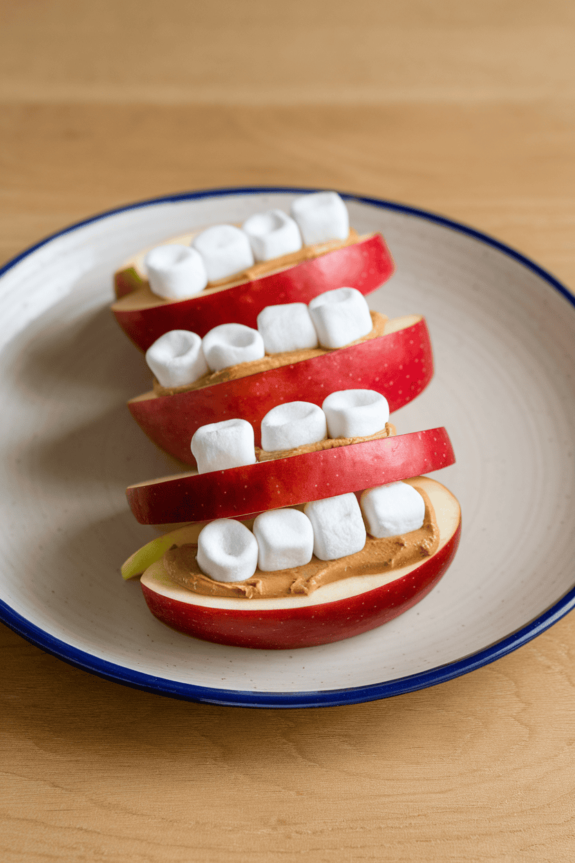Indoor photo of red apple wedges sandwiched with peanut butter and marshmallow “teeth,” lined up on a plate. Bright kitchen lighting, no text or logos.