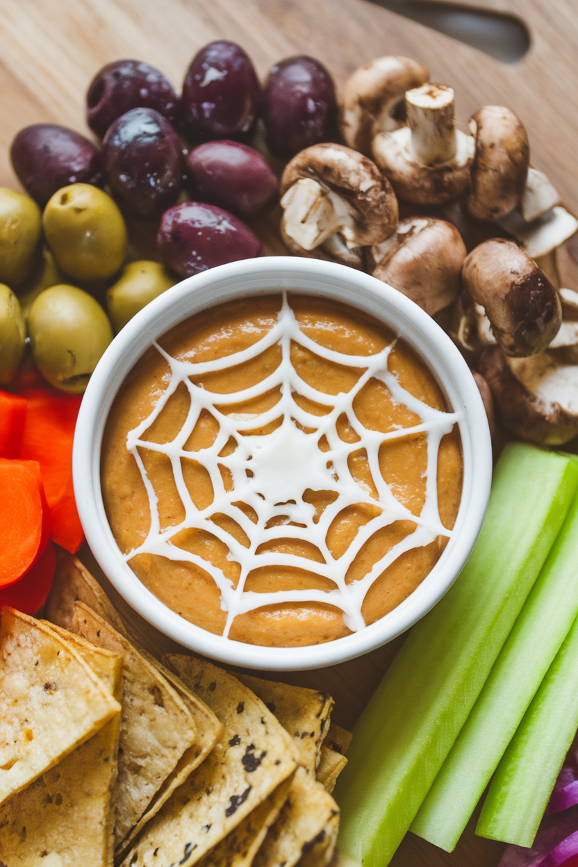 An indoor vegan appetizer board displaying a ramekin of creamy cashew queso with a drizzle of coconut milk forming a cobweb pattern. Photo, no text or logos.