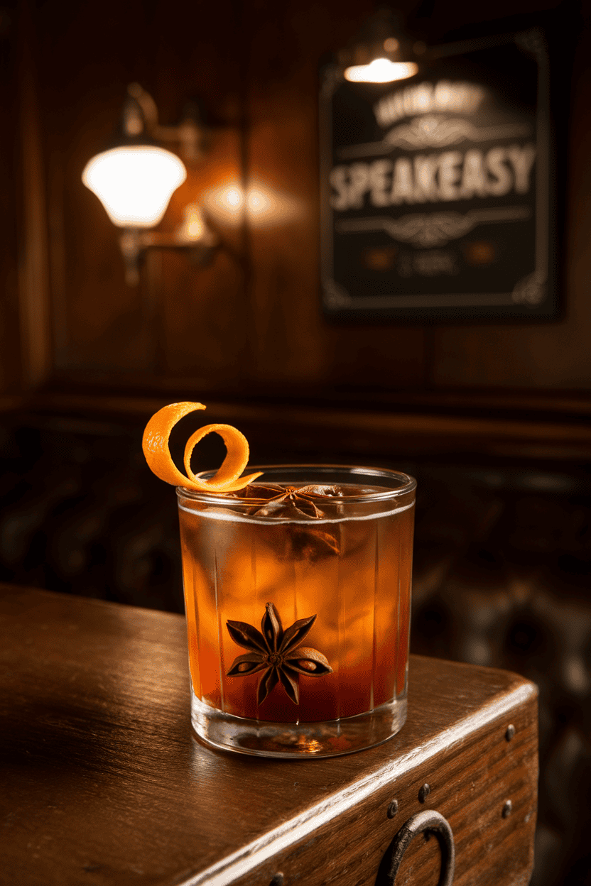 Indoor speakeasy vibe featuring a short glass of spiced rum cocktail with star anise float, dark brown liquid winked by orange peel; no text or logos.