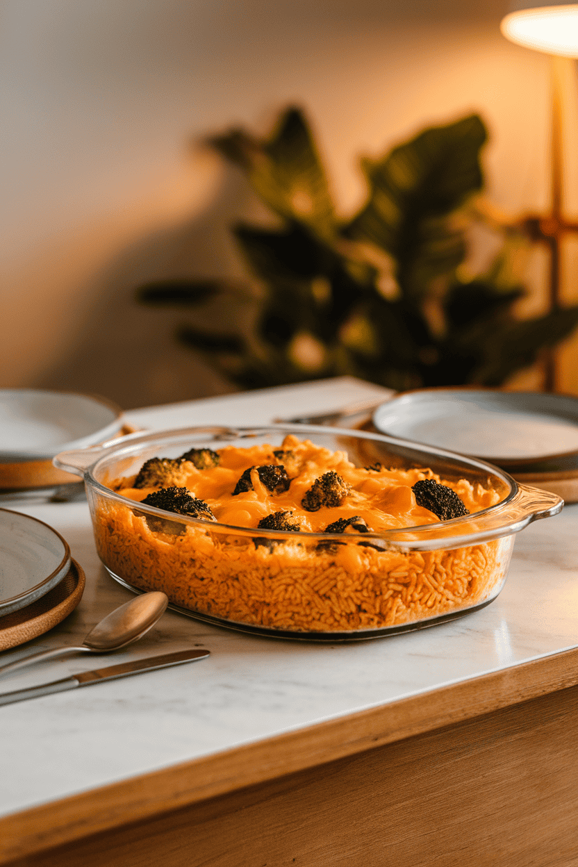 A photo of a glass casserole dish on an indoor dining table, filled with golden baked rice, broccoli florets, and melted cheddar bubbles on top. No text or logos.