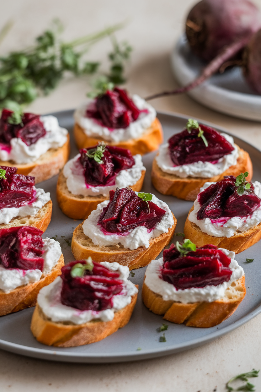 Crostini topped with whipped ricotta and beet reduction “bite marks,” shown on an indoor platter. Photo, no text or logos.