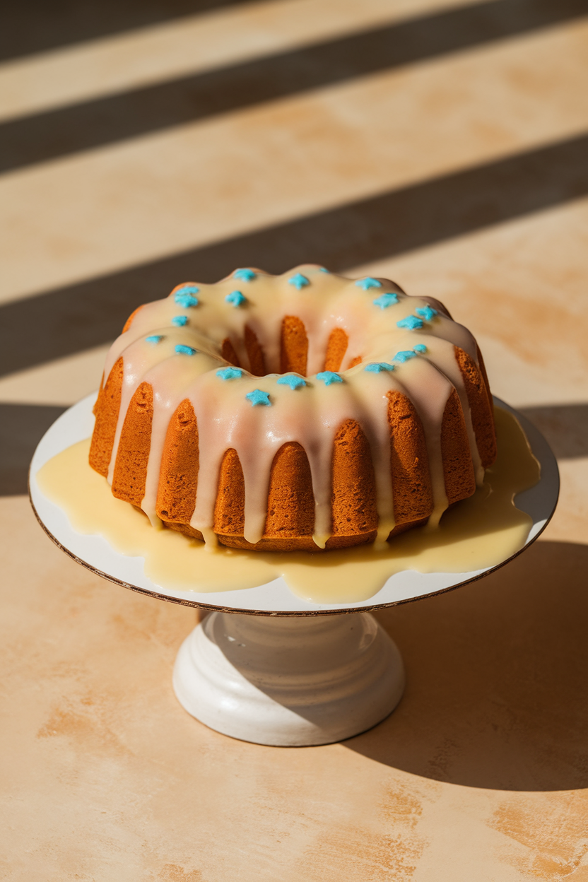 A bundt cake on an indoor pedestal, drizzled with pale-yellow lemon glaze and dotted with tiny blue sugar stars, photographed from a three-quarter angle. No text or logos, photo only.