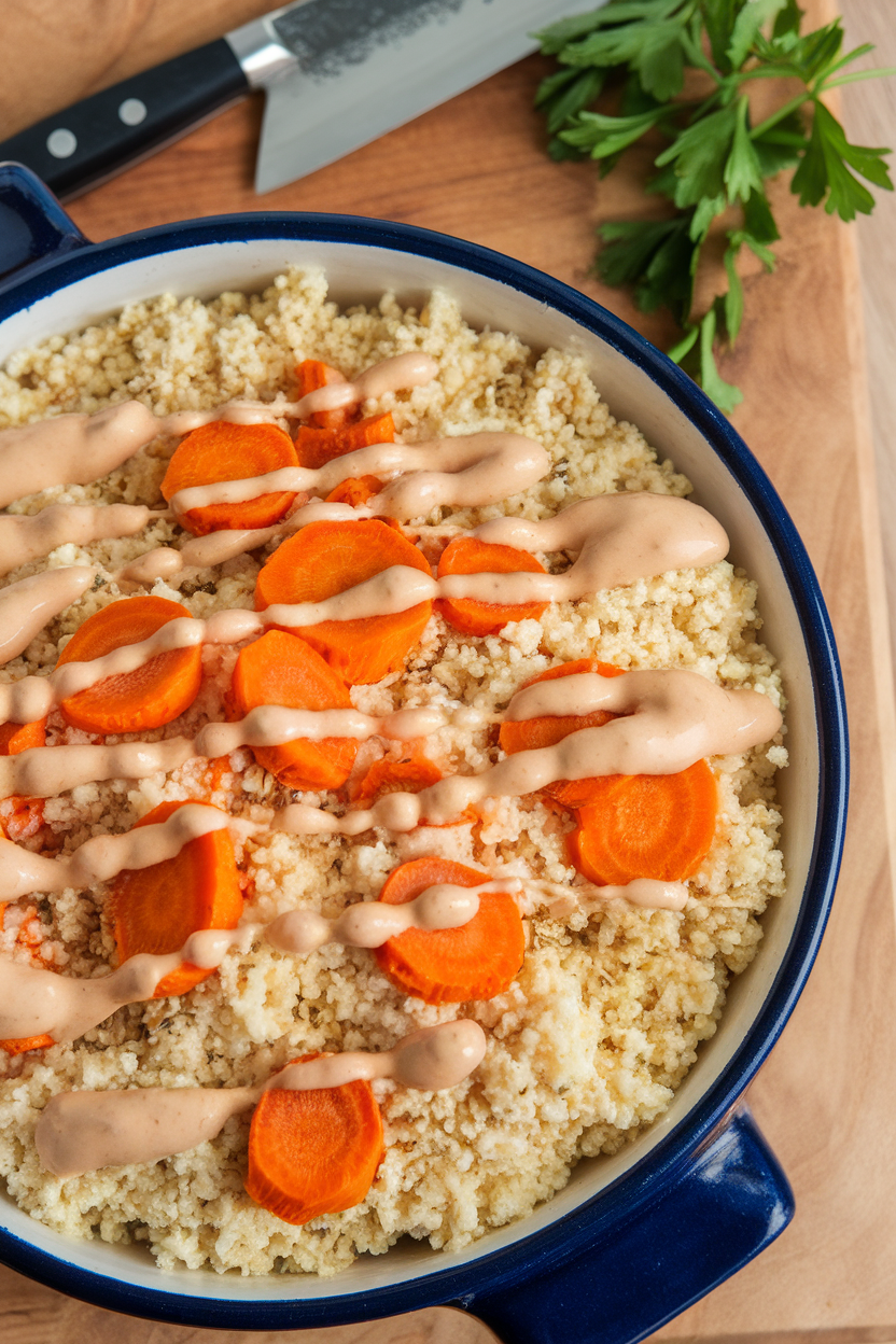 Indoor photo of fluffy couscous dotted with orange roasted carrot coins, drizzled with creamy tahini dressing, in a ceramic serving dish; overhead angle, no text or logos.