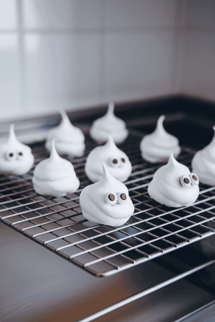 Indoor cooling rack with crisp white meringue drops piped tall, dotted with mini chocolate chip eyes. No logos or text.