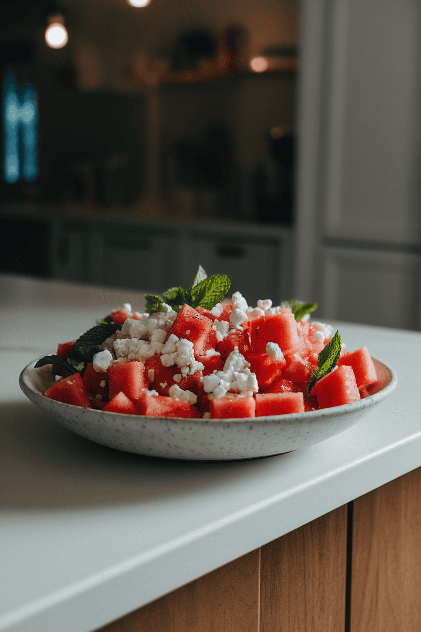 A shallow white bowl on a kitchen island containing cubed watermelon, crumbled feta, and fresh mint leaves lightly dressed; indoor lighting, no text or logos; photo, not illustration.