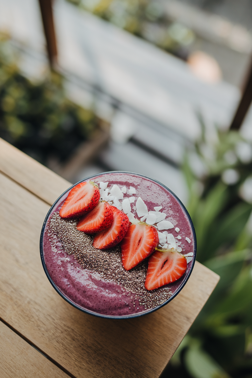 An indoor overhead shot of a thick purple berry smoothie bowl garnished with sliced strawberries, chia seeds, and coconut flakes, set on a wooden table. No text or logos.