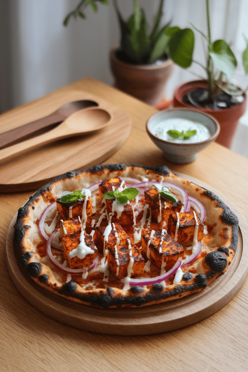 Indoor dining table showing a pizza with charred tandoori-marinated paneer cubes, red onion, and mint raita drizzled over top. No text or logos.