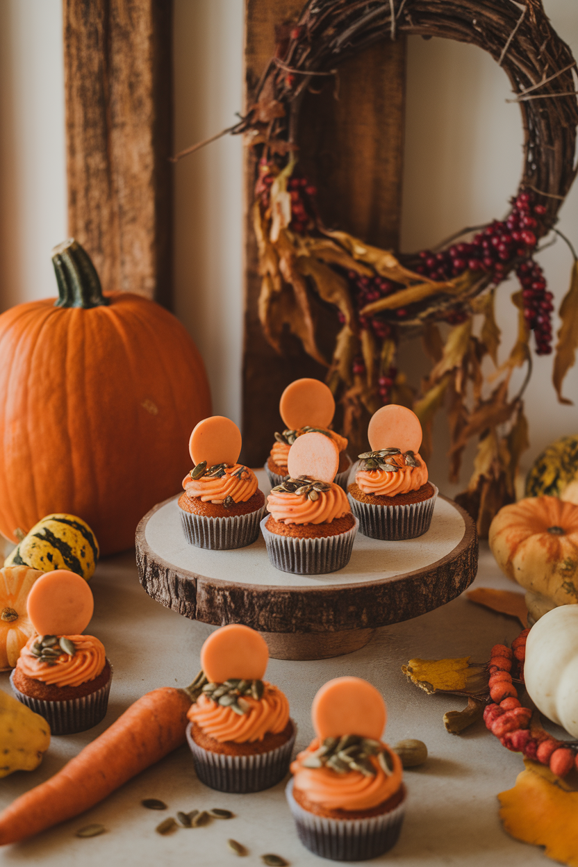 Indoor warm harvest table with carrot cupcakes topped by round orange frosting moons and sprinkled with pumpkin seeds, no text or logos.