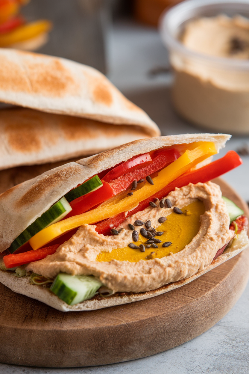 Indoor photo of a whole-grain pita pocket stuffed with colorful sliced veggies and hummus; no text or logos present.