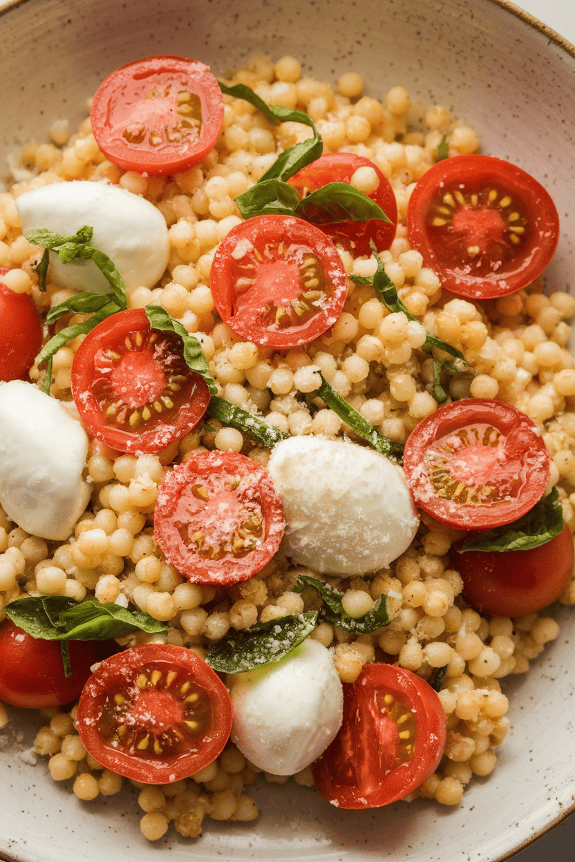 Indoor photo of pearl couscous blended with halved grape tomatoes, basil ribbons, and mozzarella pearls on a ceramic plate; no text or logos.
