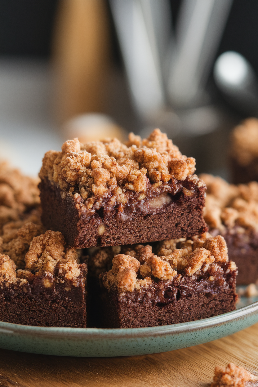 Indoor shot of brownies coated with cinnamon sugar crumb topping reminiscent of apple cider doughnuts; no text or logos