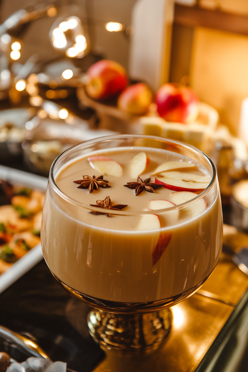 Photo of a punch bowl on an indoor buffet, filled with creamy apple butter rum punch, floating apple slices, and star anise pods. No text or logos.