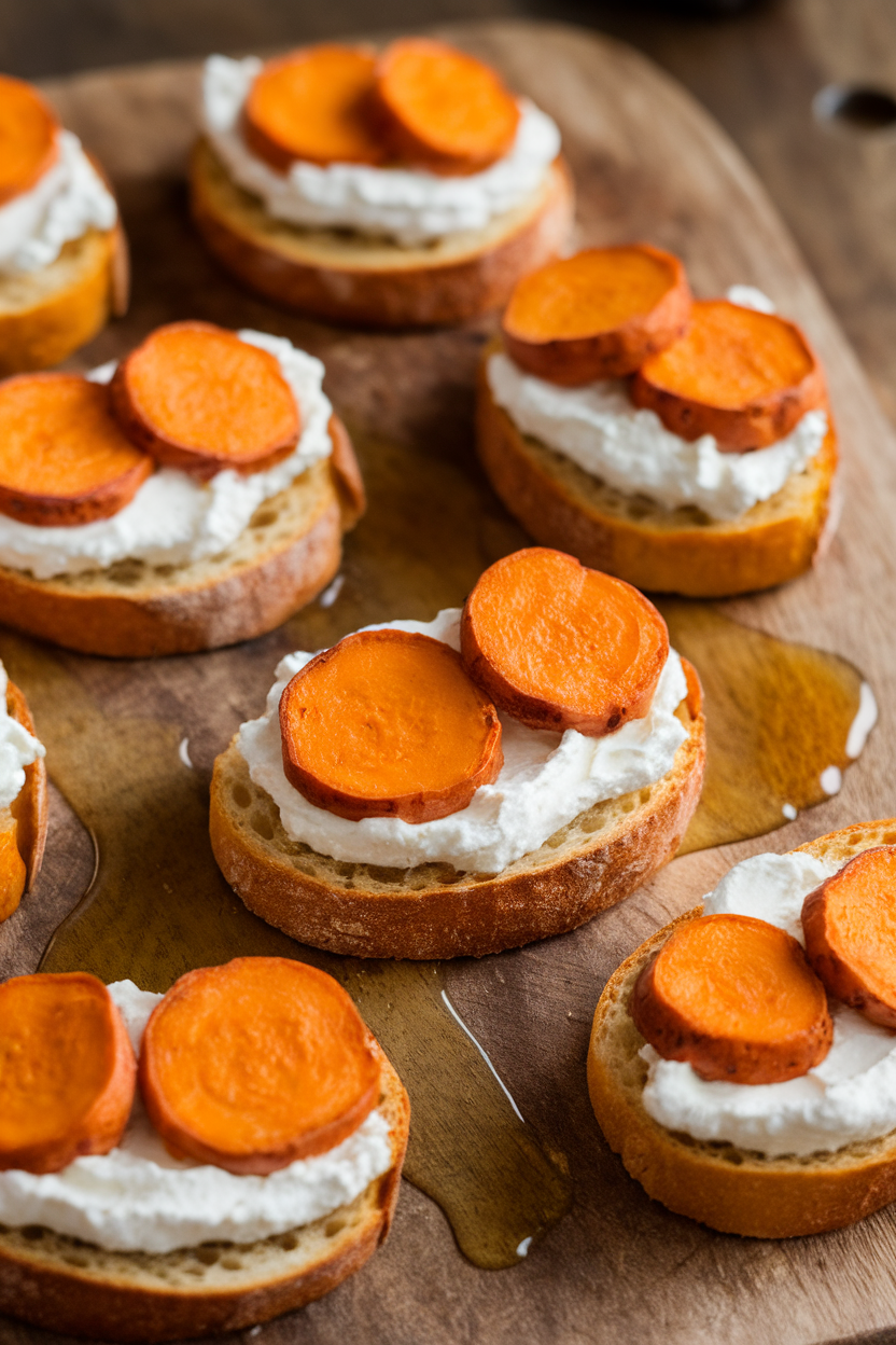 An indoor serving board lined with toasted baguette rounds topped with whipped goat cheese and roasted sweet potato coins, drizzled with honey. No text or logos present. Photo only.