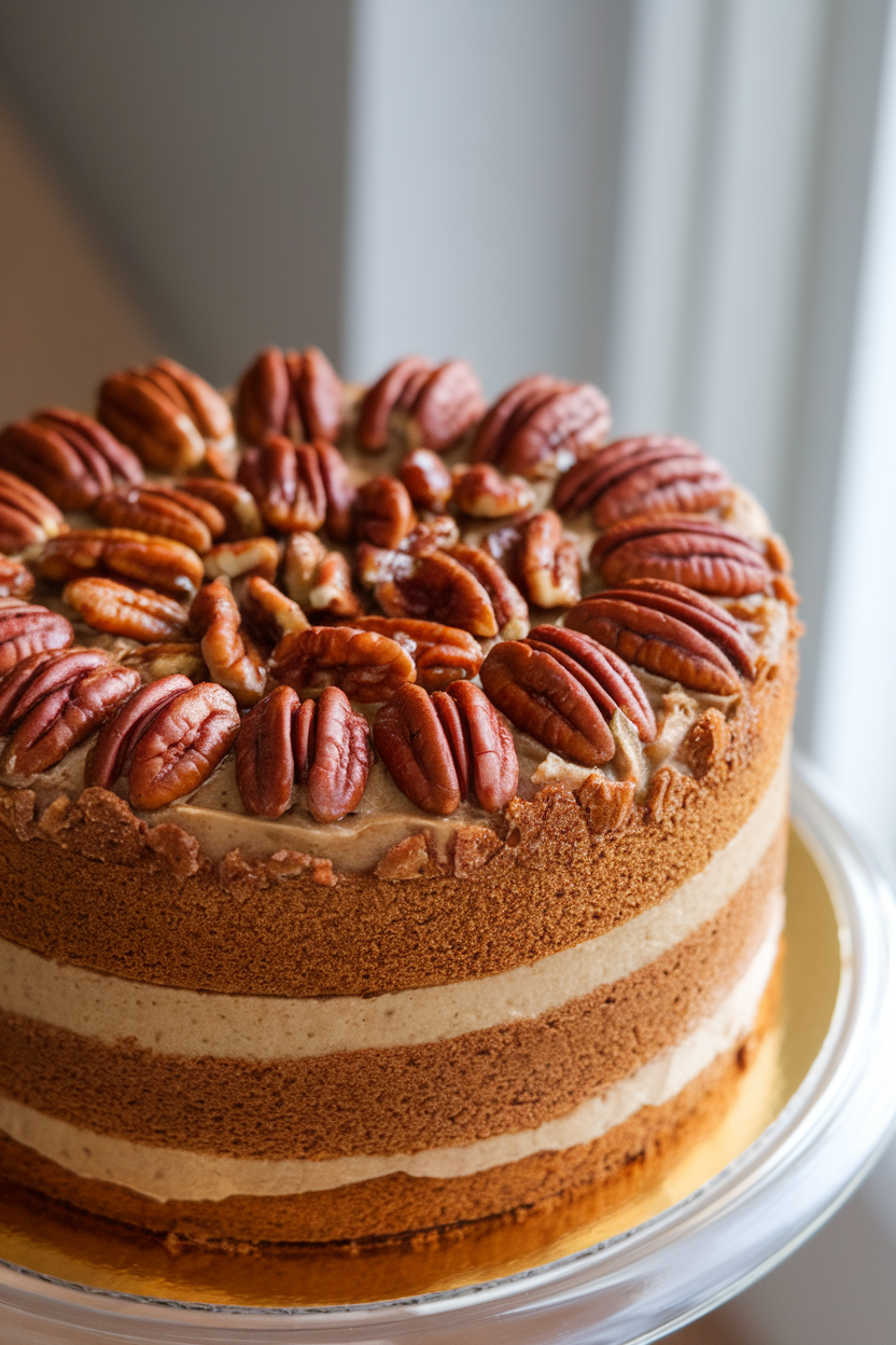 A pecan pie layer cake indoors, pecan-pie filling sandwiched between brown-sugar cake layers, whole glazed pecans on top. Photo only, no text or logos.