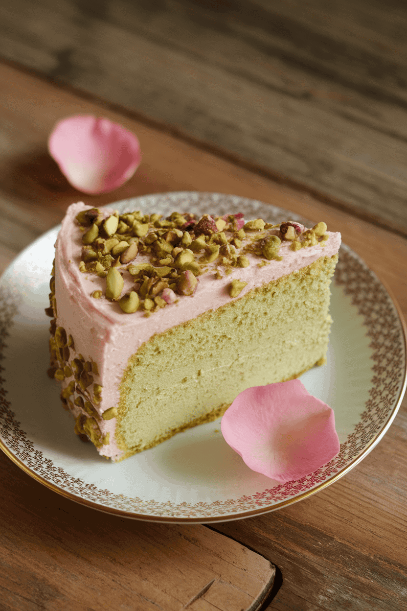 An indoor boho-style dessert plate holding a slice of light green pistachio cake with pale pink rose frosting and crushed pistachios on top. No text or logos. Photo.